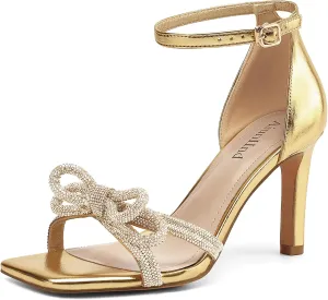 Women's Double Bowknots Heels Square Open Toe Ankle Strap Rhinestone Dress Shoes for Party Wedding