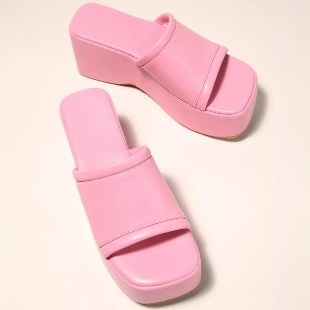 Women's Dress Platform Mules with High Heel Slip On Square Toe Wedge Heel Sandals