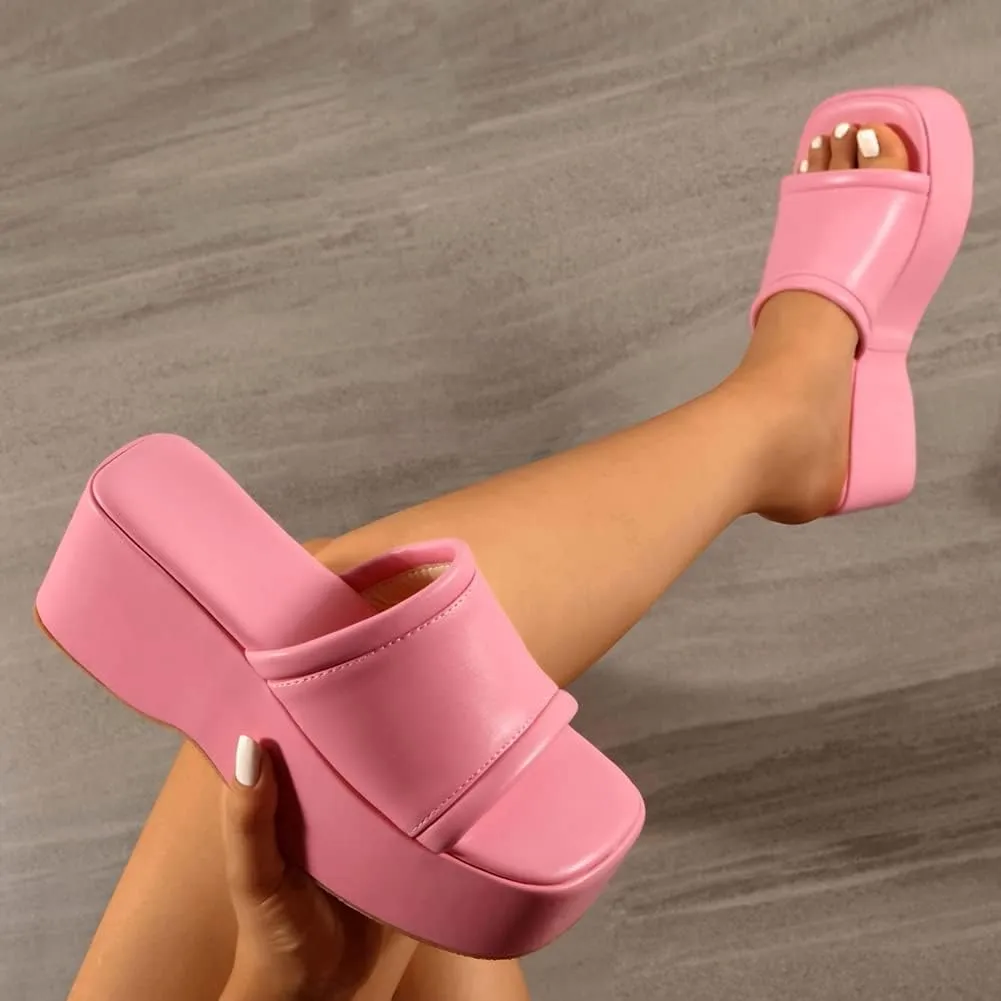 Women's Dress Platform Mules with High Heel Slip On Square Toe Wedge Heel Sandals