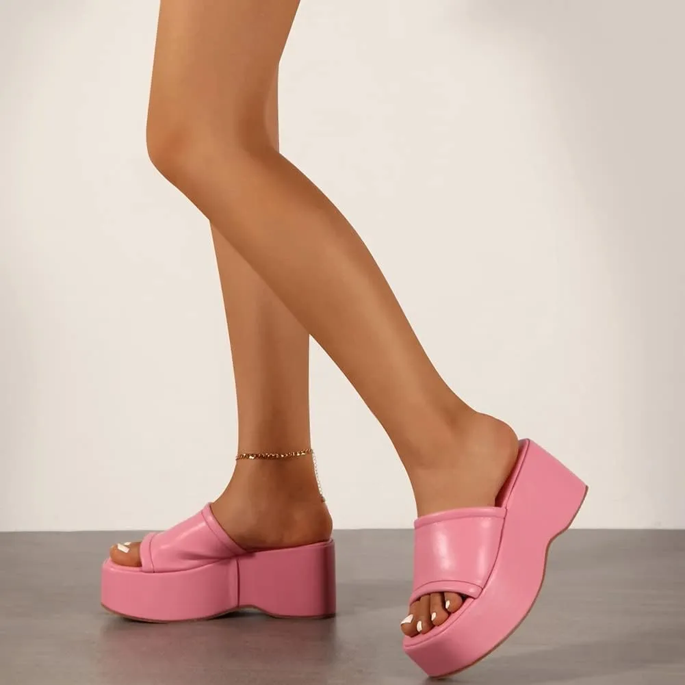Women's Dress Platform Mules with High Heel Slip On Square Toe Wedge Heel Sandals