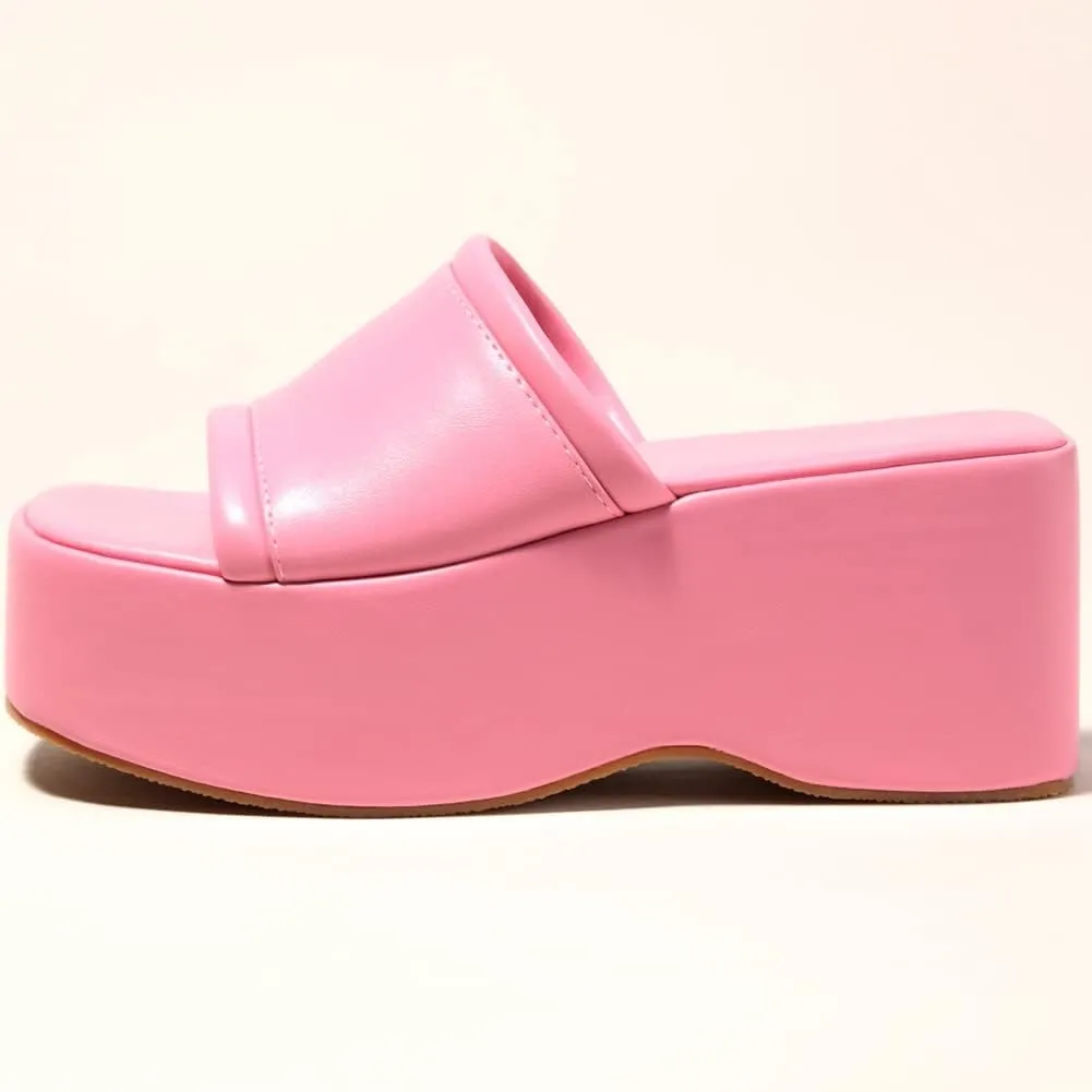 Women's Dress Platform Mules with High Heel Slip On Square Toe Wedge Heel Sandals