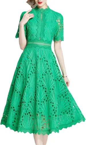Women's Elegant Casual Work Party Dresses Floral Hollow Out Lace Casual Office Midi Dress