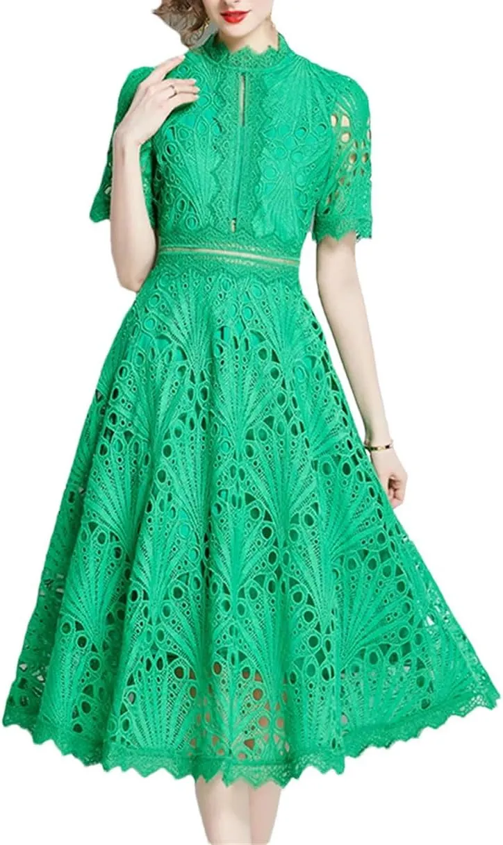 Women's Elegant Casual Work Party Dresses Floral Hollow Out Lace Casual Office Midi Dress