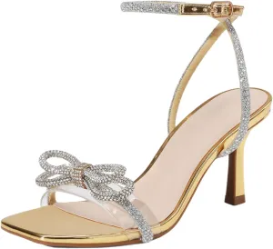 Women's Elegant Crystal-Embellished High Heel Sandals Retro Square Toe Cute Bowknot Stiletto Heels Adjustable Ankle Strap for Party Prom Weddings Dress Shoes