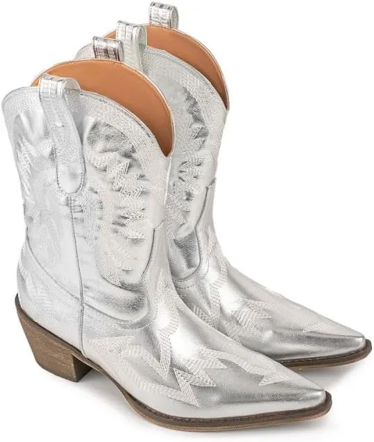 Women's Embroidered Cowgirl Boots Calf Thick Heels Pointed Head Country Music Festival Vintage Western Metal Cowboy Ankle Boot