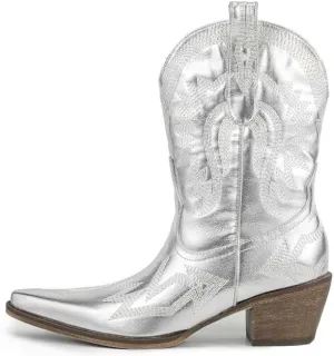 Women's Embroidered Cowgirl Boots Calf Thick Heels Pointed Head Country Music Festival Vintage Western Metal Cowboy Ankle Boot