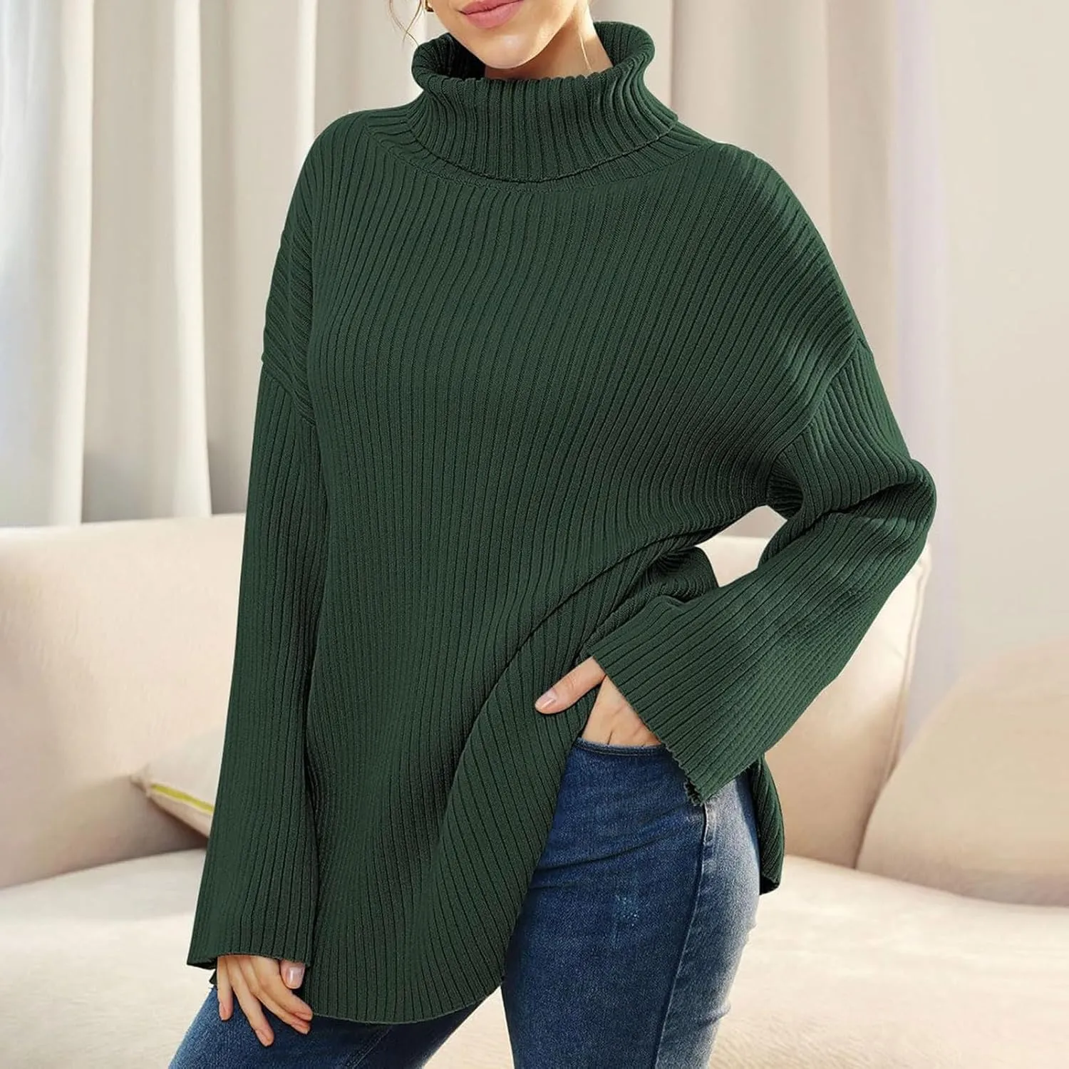 Womens Fall Sweaters Turtleneck Long Sleeve Asymmetric Hem Pullover Knit Oversized Sweater Tops Phat Farm