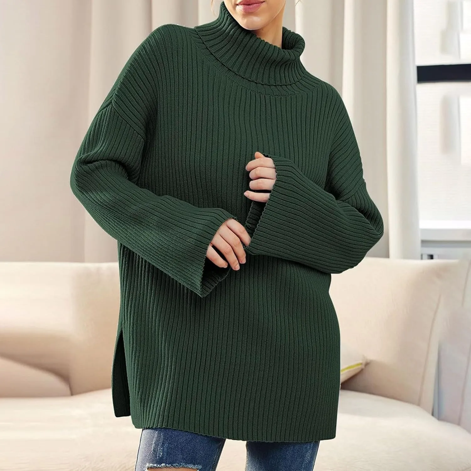 Womens Fall Sweaters Turtleneck Long Sleeve Asymmetric Hem Pullover Knit Oversized Sweater Tops Phat Farm