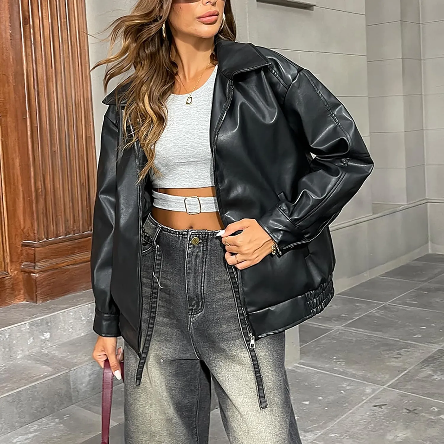 Womens Faux Leather Jackets Oversized Motorcycle Jacket Bomber Coats Fashion Outfits Spring Clothes