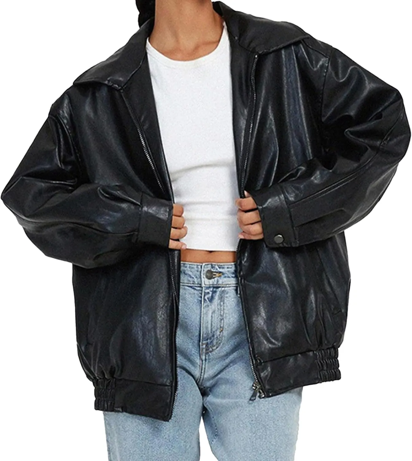 Womens Faux Leather Jackets Oversized Motorcycle Jacket Bomber Coats Fashion Outfits Spring Clothes