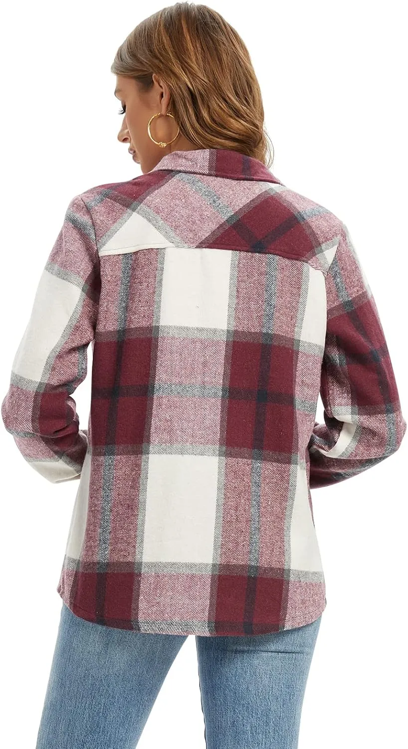 Women's Flannel Plaid Shacket Jacket Fashion Button Down Long Sleeve Casual Shirt Shackets Fall Clothes for Women