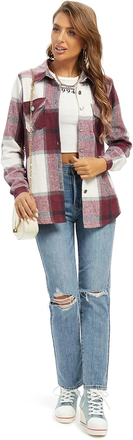 Women's Flannel Plaid Shacket Jacket Fashion Button Down Long Sleeve Casual Shirt Shackets Fall Clothes for Women