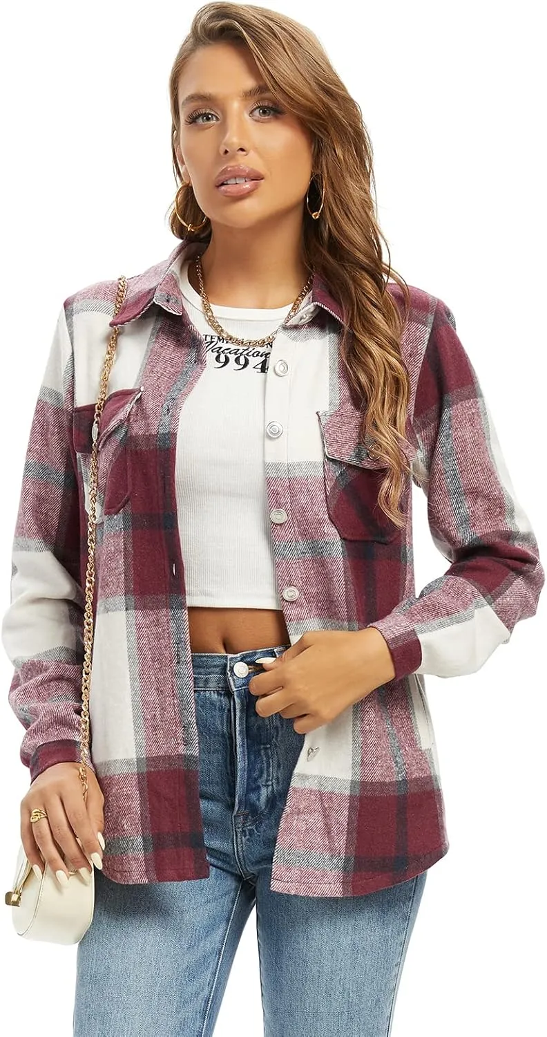 Women's Flannel Plaid Shacket Jacket Fashion Button Down Long Sleeve Casual Shirt Shackets Fall Clothes for Women