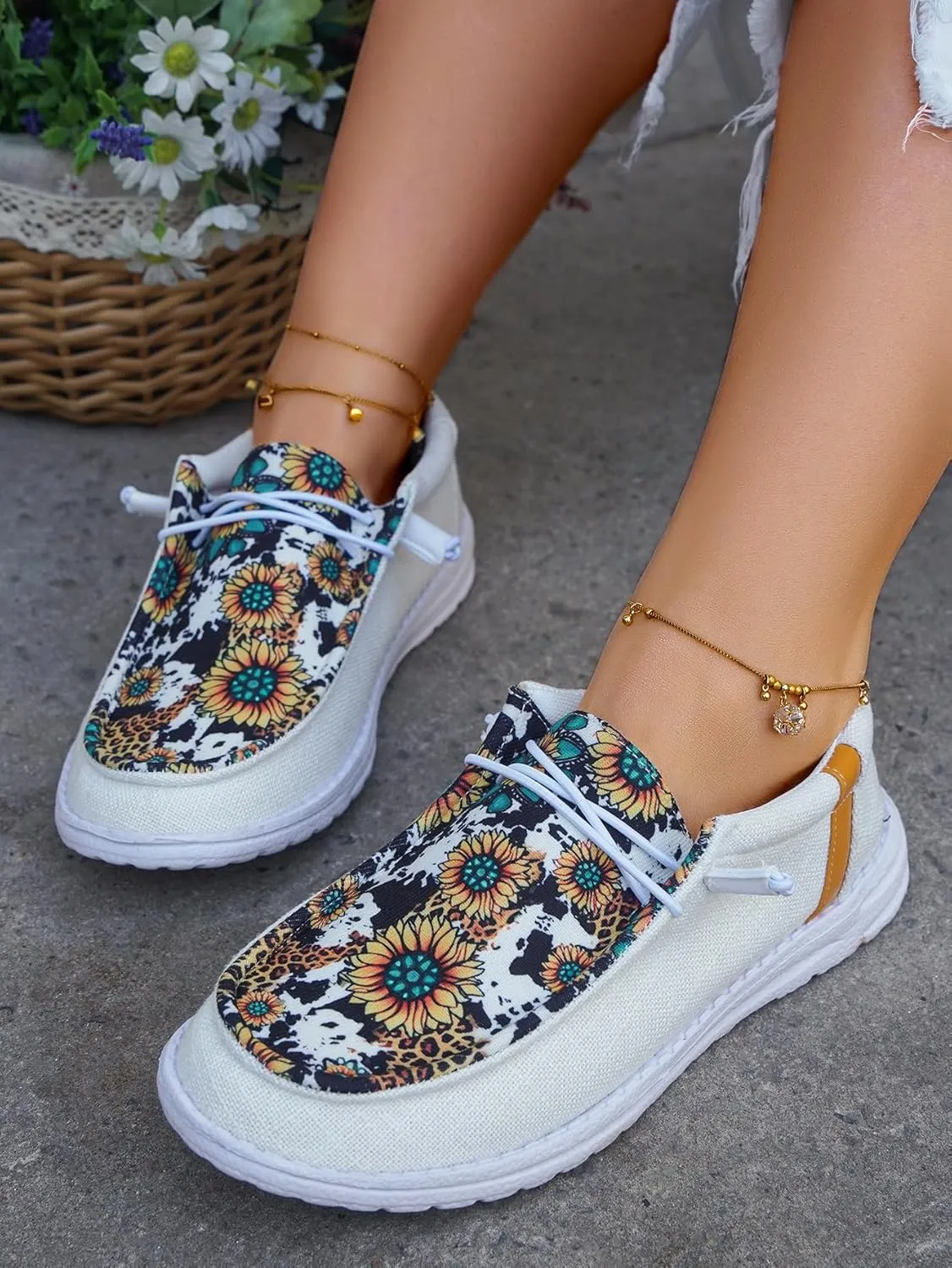 Women's Floral Print Canvas Loafer Shoes Elastic Laces Sunflower Pattern Flats Ethnic Lace-up Slip-on Sneakers Lightweight Boat Shoes with Arch Support Comfortable Walking Casual Shoes