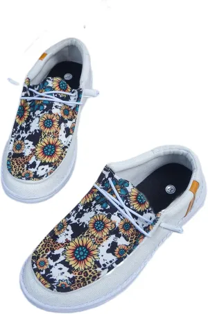 Women's Floral Print Canvas Loafer Shoes Elastic Laces Sunflower Pattern Flats Ethnic Lace-up Slip-on Sneakers Lightweight Boat Shoes with Arch Support Comfortable Walking Casual Shoes