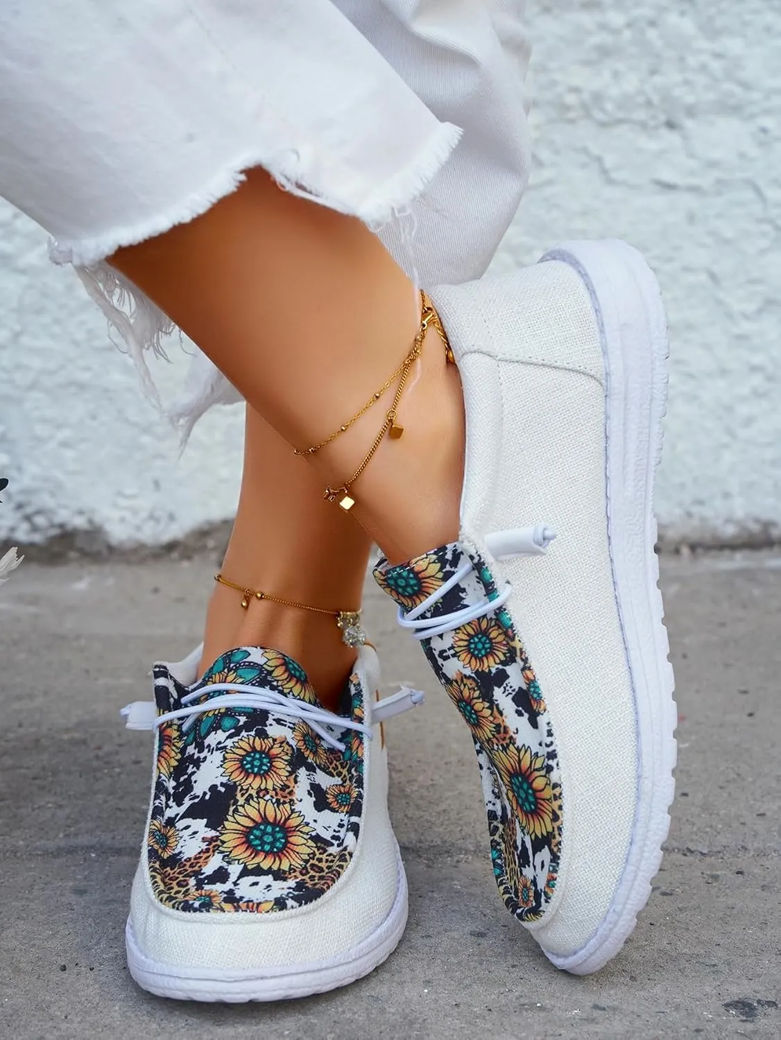 Women's Floral Print Canvas Loafer Shoes Elastic Laces Sunflower Pattern Flats Ethnic Lace-up Slip-on Sneakers Lightweight Boat Shoes with Arch Support Comfortable Walking Casual Shoes