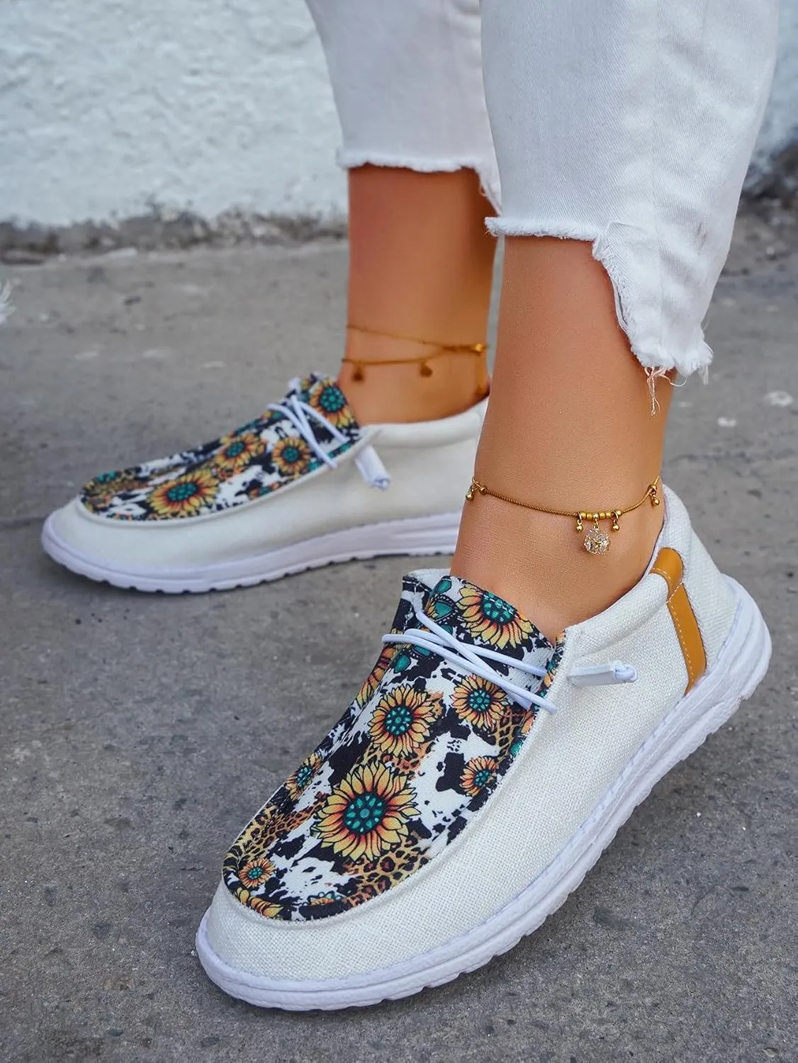 Women's Floral Print Canvas Loafer Shoes Elastic Laces Sunflower Pattern Flats Ethnic Lace-up Slip-on Sneakers Lightweight Boat Shoes with Arch Support Comfortable Walking Casual Shoes