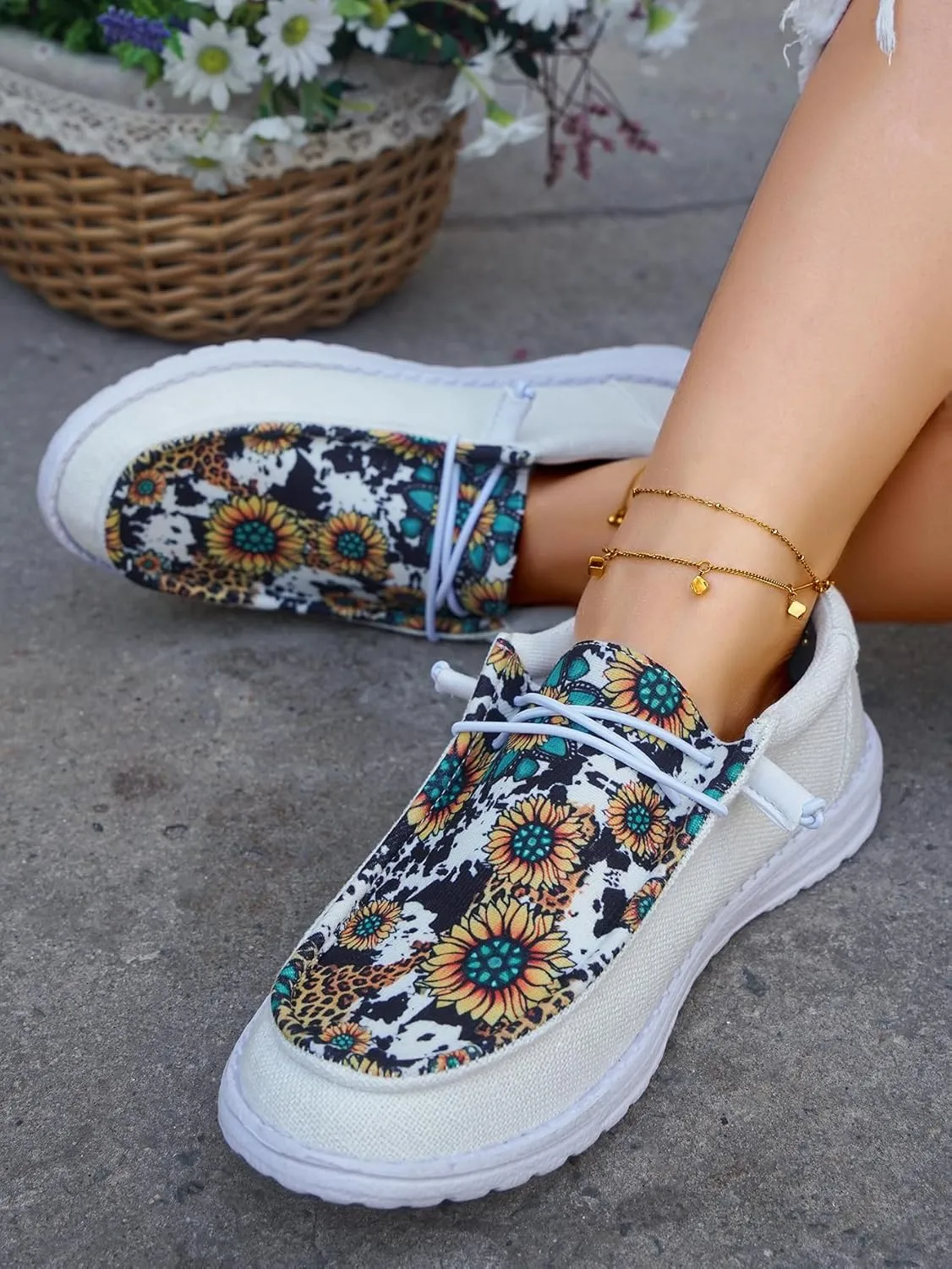 Women's Floral Print Canvas Loafer Shoes Elastic Laces Sunflower Pattern Flats Ethnic Lace-up Slip-on Sneakers Lightweight Boat Shoes with Arch Support Comfortable Walking Casual Shoes