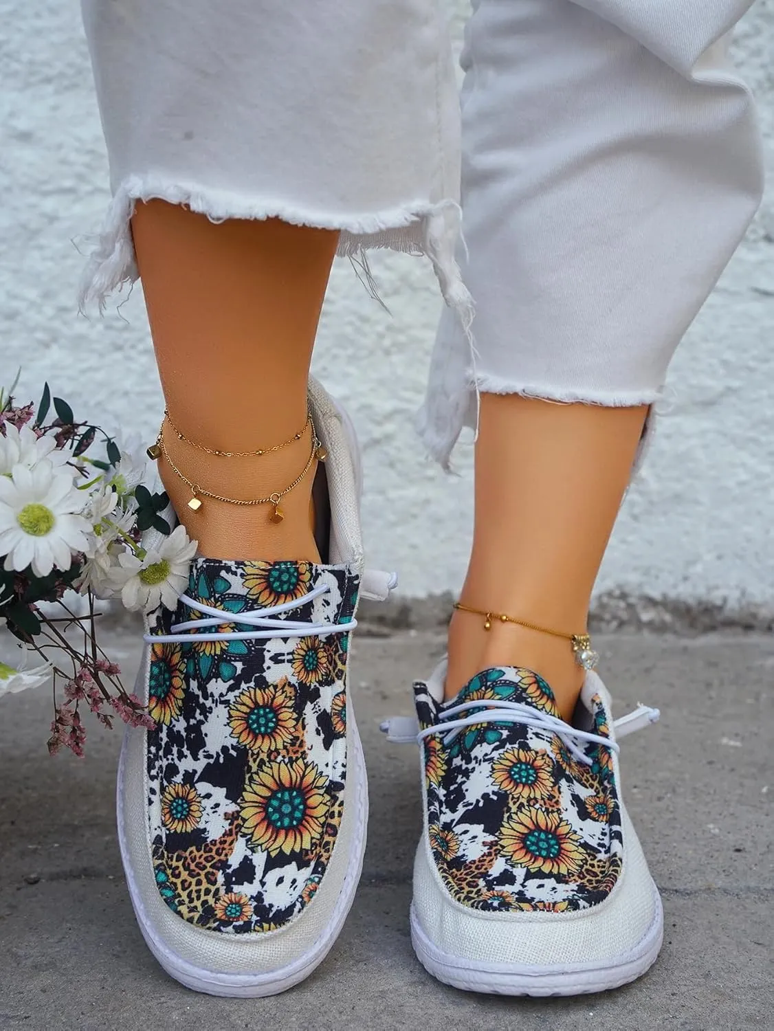 Women's Floral Print Canvas Loafer Shoes Elastic Laces Sunflower Pattern Flats Ethnic Lace-up Slip-on Sneakers Lightweight Boat Shoes with Arch Support Comfortable Walking Casual Shoes