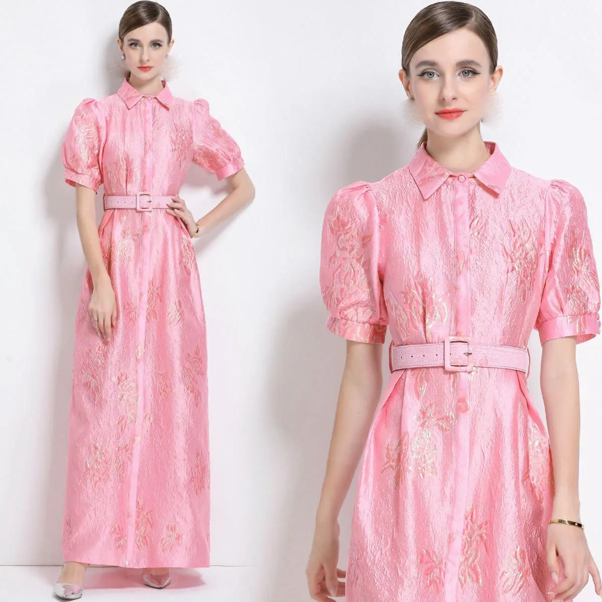 Women's French Elegant Jacquard Vintage Slim-Fit Long Dress with Belt