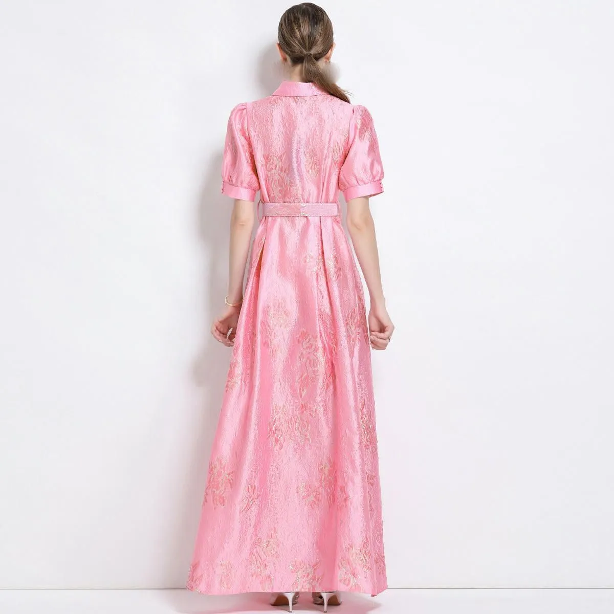 Women's French Elegant Jacquard Vintage Slim-Fit Long Dress with Belt