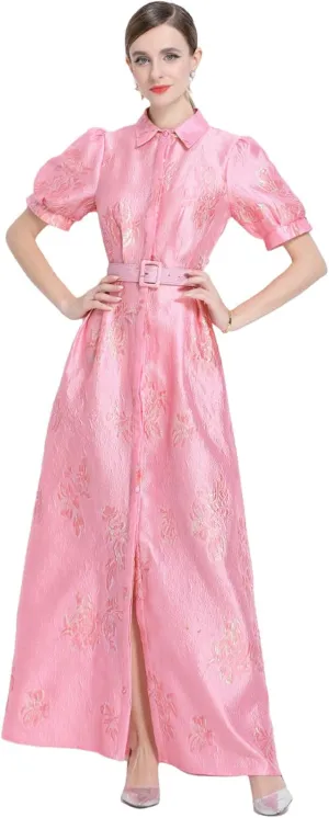 Women's French Elegant Jacquard Vintage Slim-Fit Long Dress with Belt
