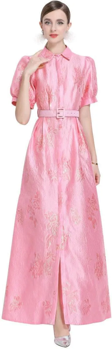 Women's French Elegant Jacquard Vintage Slim-Fit Long Dress with Belt