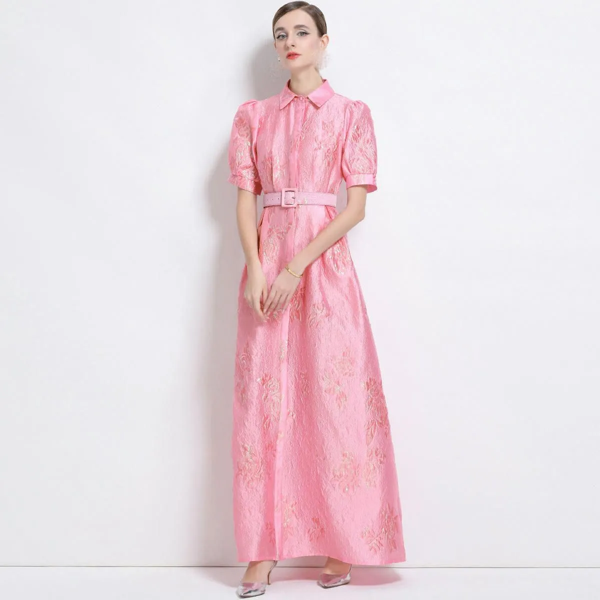 Women's French Elegant Jacquard Vintage Slim-Fit Long Dress with Belt