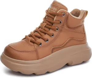 Women's Genuine Leather Platform Lace Up Ankle Boots Cozy Fur Lined Casual High Top Warm Snow Boots Fashion Height Increasing Walking Booties