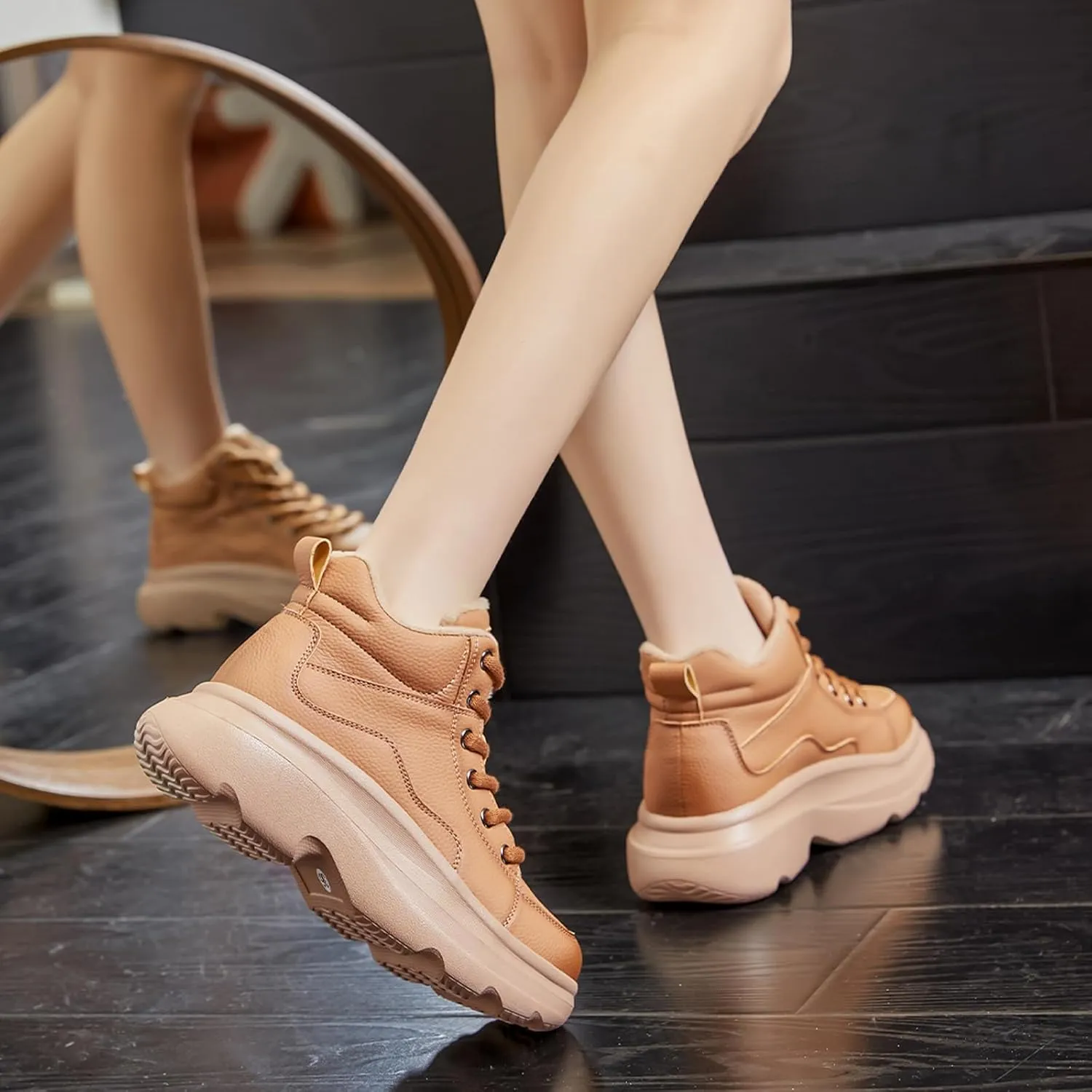 Women's Genuine Leather Platform Lace Up Ankle Boots Cozy Fur Lined Casual High Top Warm Snow Boots Fashion Height Increasing Walking Booties