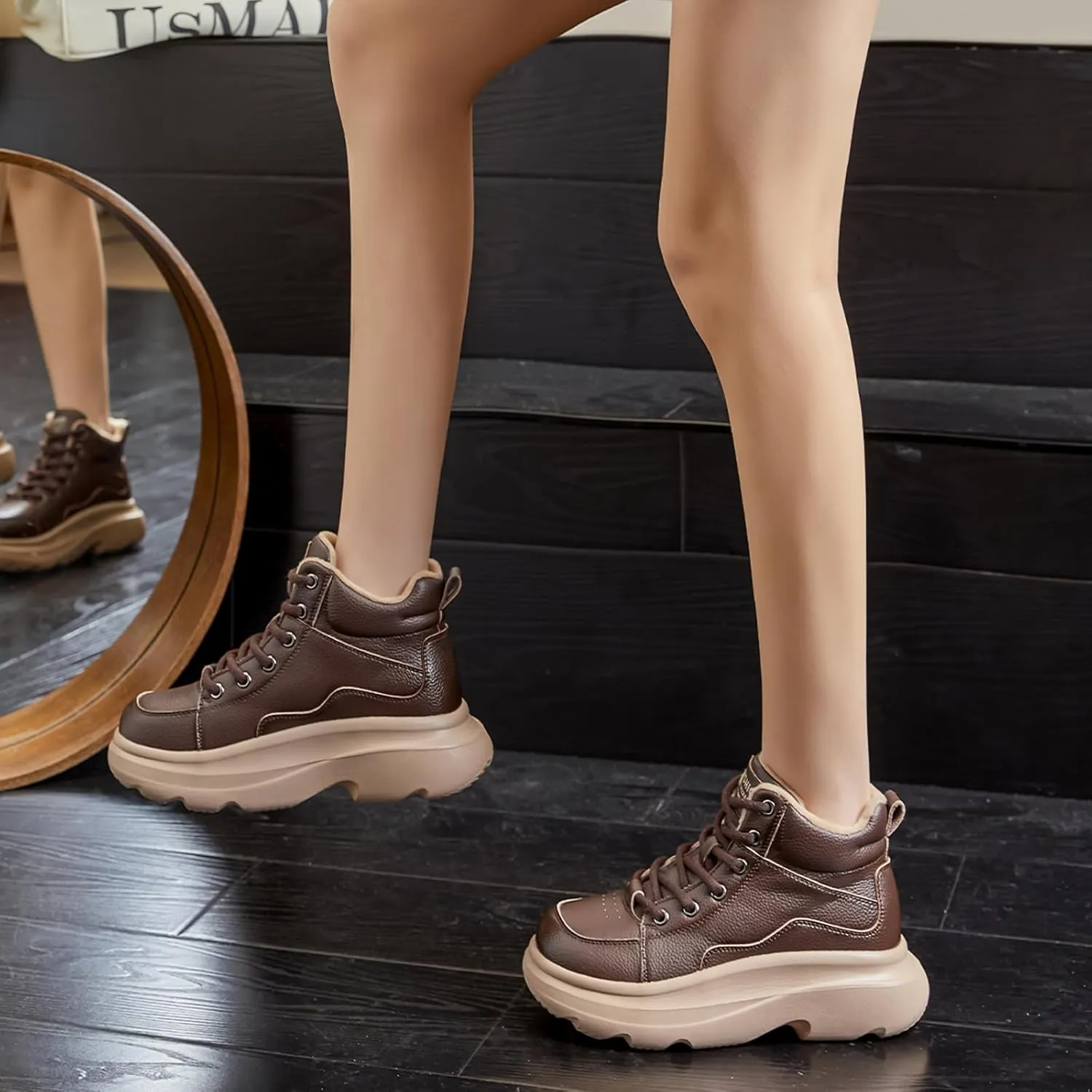 Women's Genuine Leather Platform Lace Up Ankle Boots Cozy Fur Lined Casual High Top Warm Snow Boots Fashion Height Increasing Walking Booties