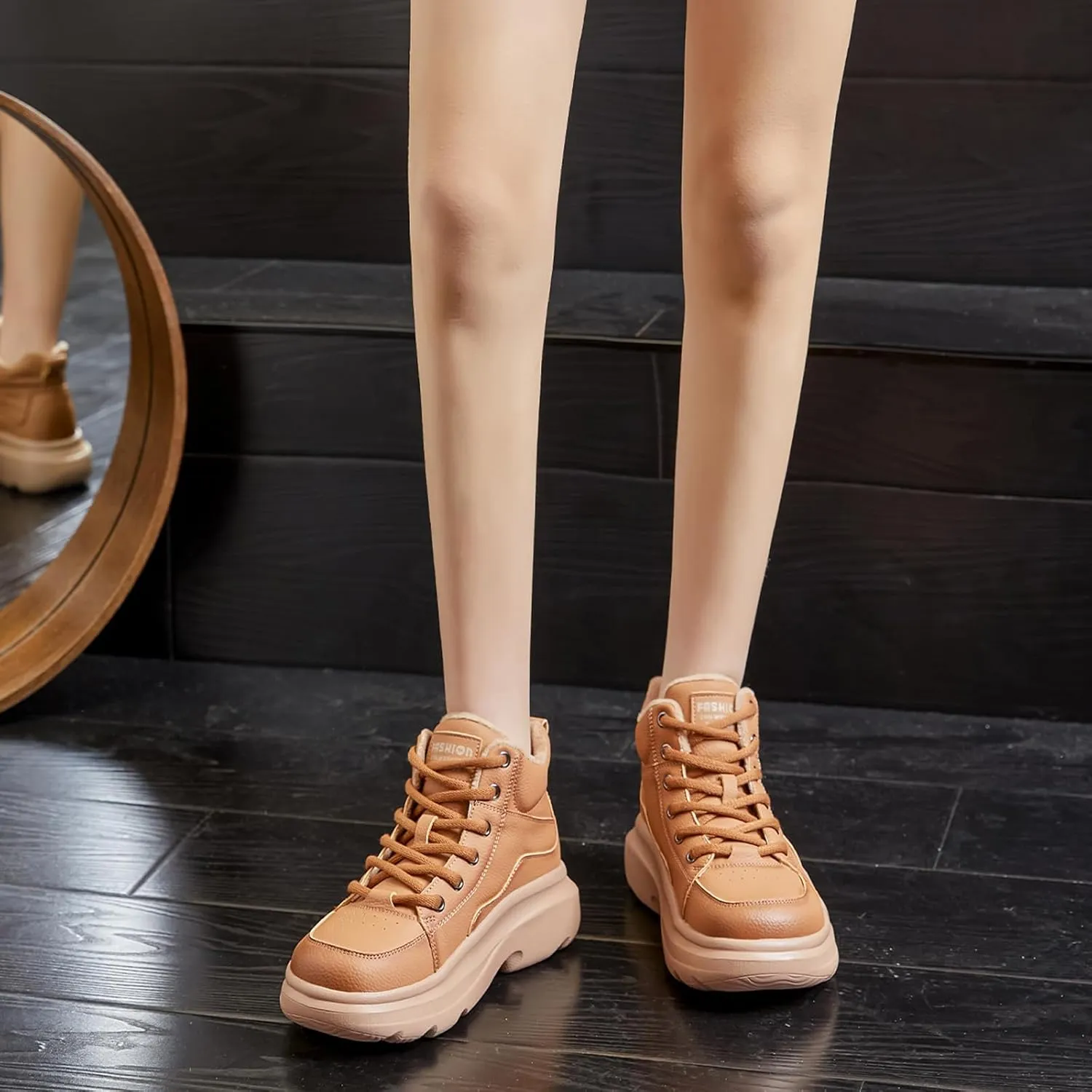 Women's Genuine Leather Platform Lace Up Ankle Boots Cozy Fur Lined Casual High Top Warm Snow Boots Fashion Height Increasing Walking Booties