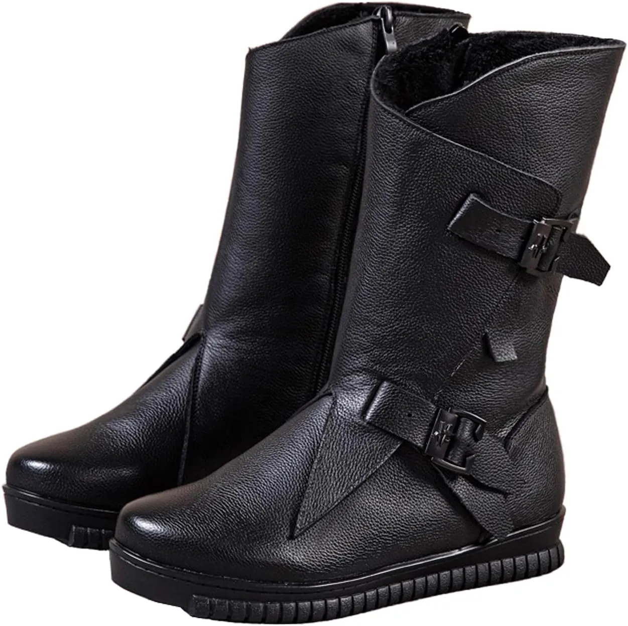 Women's Genuine Leather Side Zipper Flat Mid-Calf Boot Comfort Soft Sole Wide Round Toe Fur Lined Warm Winter Boots Fashion Double Belt Buckle Decoration Non-Slip Lug Flat Boots (Black,8.5,8.5)