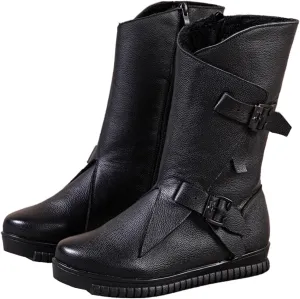 Women's Genuine Leather Side Zipper Flat Mid-Calf Boot Comfort Soft Sole Wide Round Toe Fur Lined Warm Winter Boots Fashion Double Belt Buckle Decoration Non-Slip Lug Flat Boots (Black,8.5,8.5)
