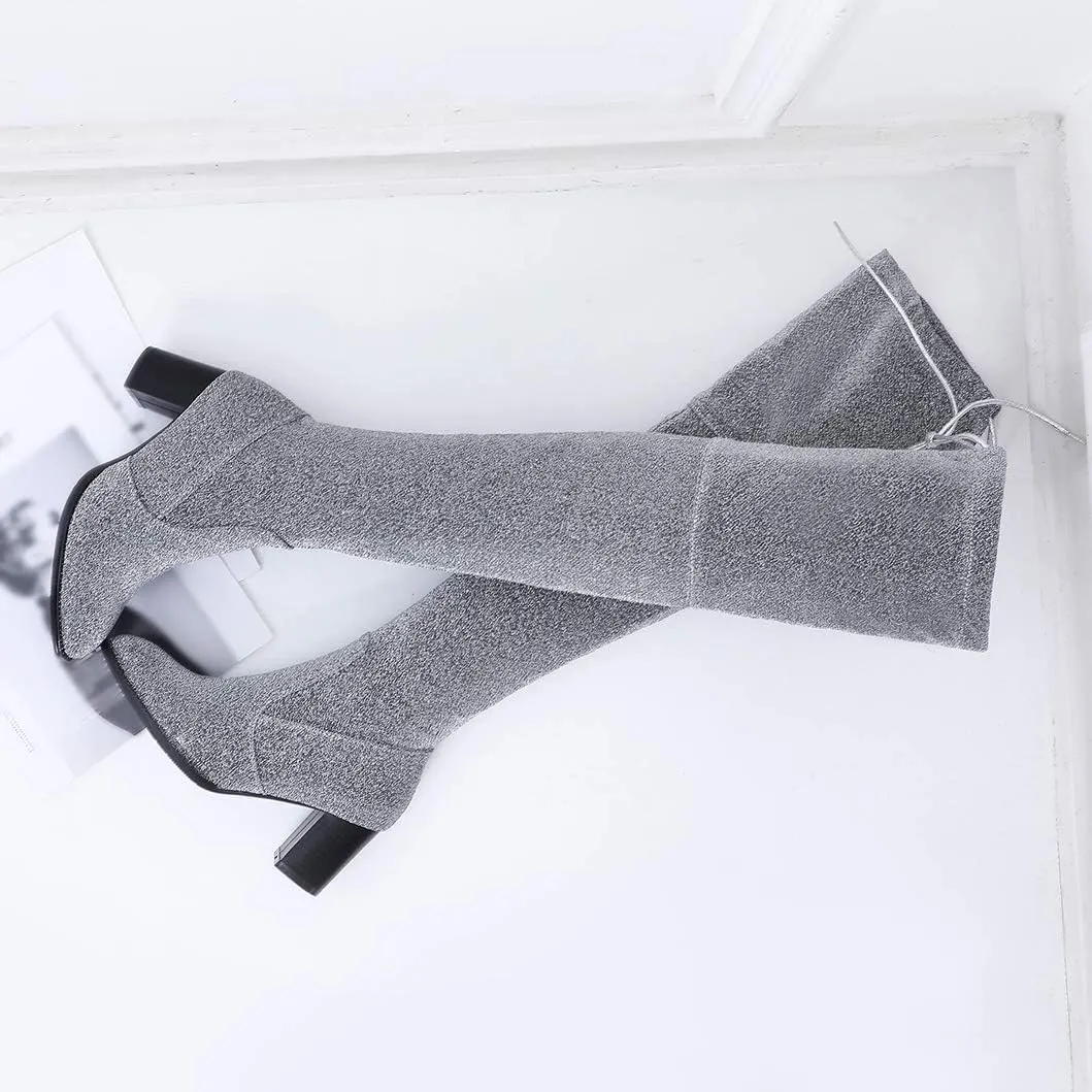 Womens Glitter Thigh High Stretch Over The Knee Chunky Heel Boots