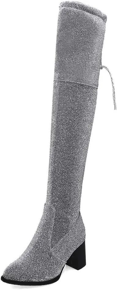 Womens Glitter Thigh High Stretch Over The Knee Chunky Heel Boots
