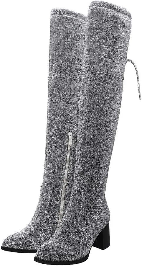 Womens Glitter Thigh High Stretch Over The Knee Chunky Heel Boots