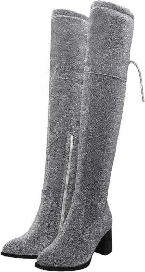 Womens Glitter Thigh High Stretch Over The Knee Chunky Heel Boots