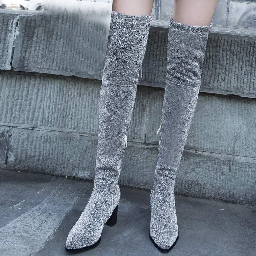Womens Glitter Thigh High Stretch Over The Knee Chunky Heel Boots