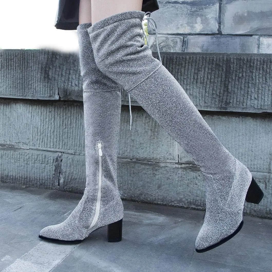 Womens Glitter Thigh High Stretch Over The Knee Chunky Heel Boots