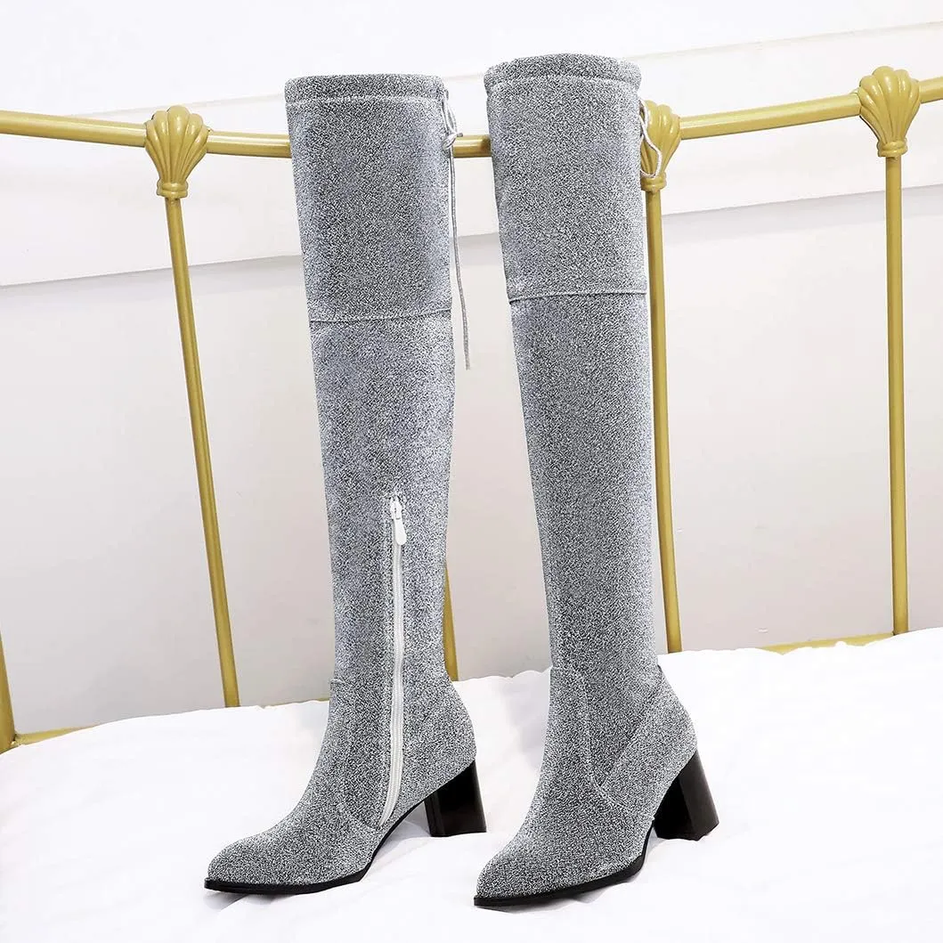 Womens Glitter Thigh High Stretch Over The Knee Chunky Heel Boots
