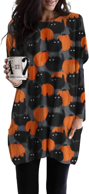 Womens Halloween Crewneck Sweatshirts Pumpkin Long Sleeve Pullover Tops Vintage Oversized Shirt Blouse Clothes