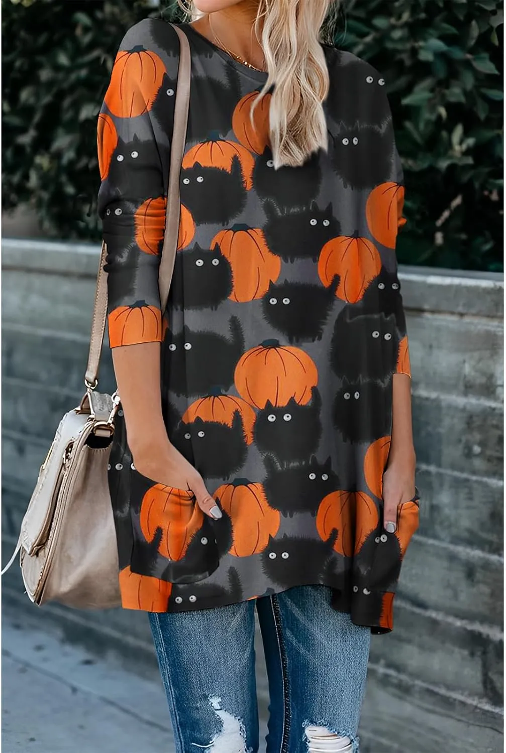 Womens Halloween Crewneck Sweatshirts Pumpkin Long Sleeve Pullover Tops Vintage Oversized Shirt Blouse Clothes