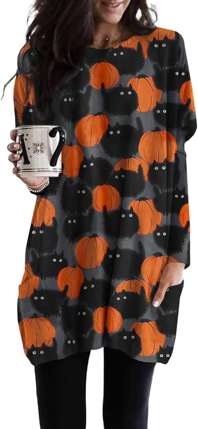 Womens Halloween Crewneck Sweatshirts Pumpkin Long Sleeve Pullover Tops Vintage Oversized Shirt Blouse Clothes