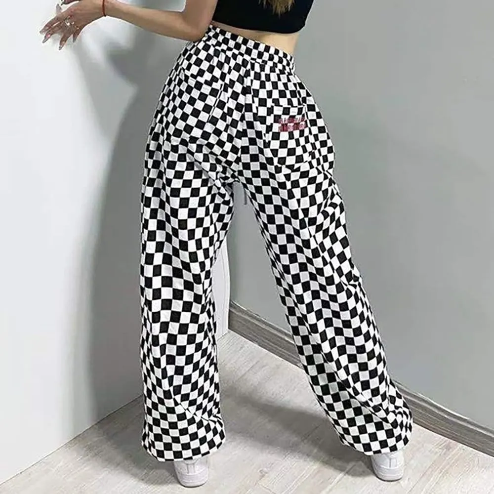 Women's Hiphop Street Dance Pants Elastic Waist Loose Wide-Leg Black/White Checkered RetroJazz Trousers