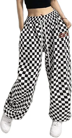 Women's Hiphop Street Dance Pants Elastic Waist Loose Wide-Leg Black/White Checkered RetroJazz Trousers