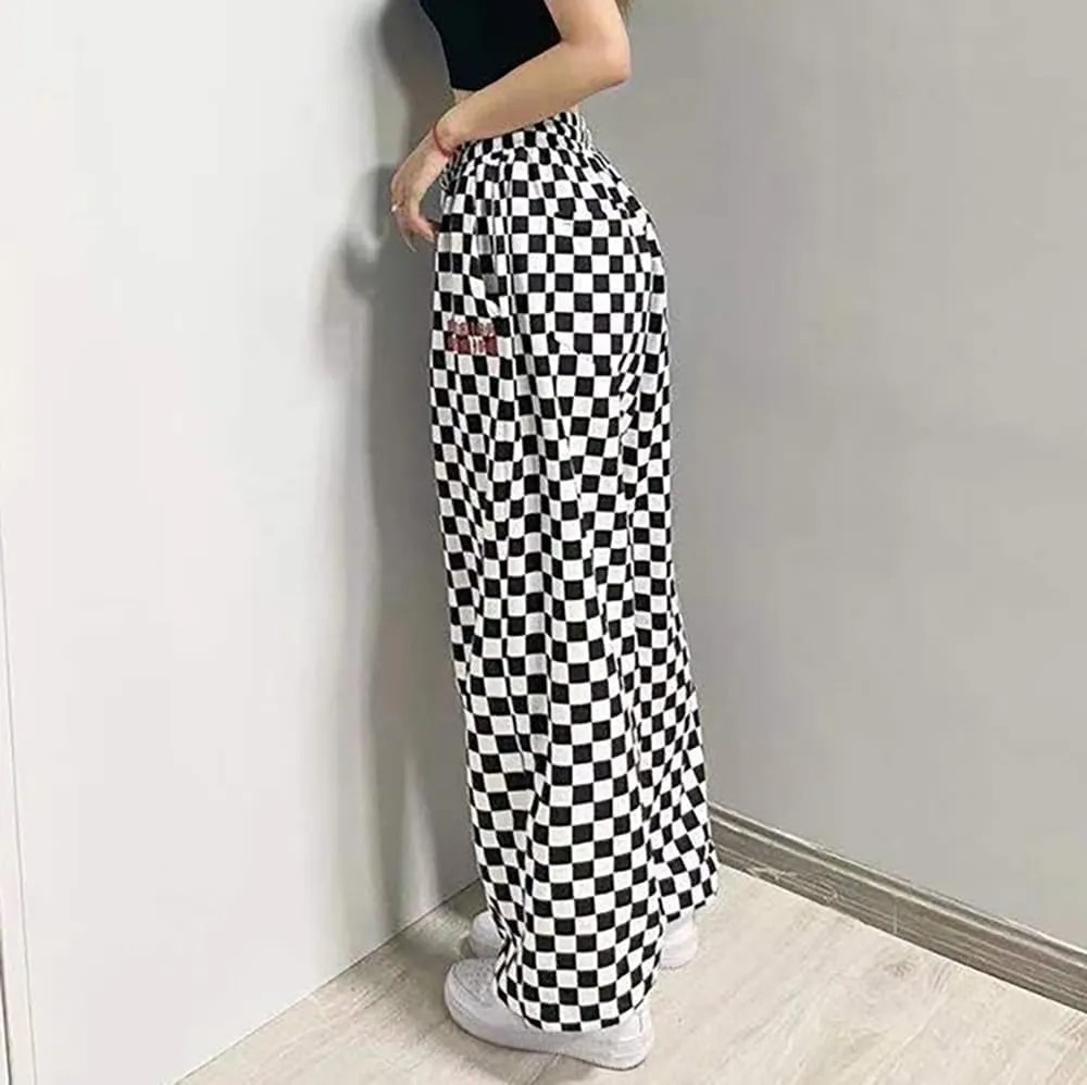Women's Hiphop Street Dance Pants Elastic Waist Loose Wide-Leg Black/White Checkered RetroJazz Trousers