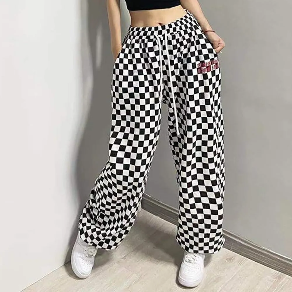 Women's Hiphop Street Dance Pants Elastic Waist Loose Wide-Leg Black/White Checkered RetroJazz Trousers
