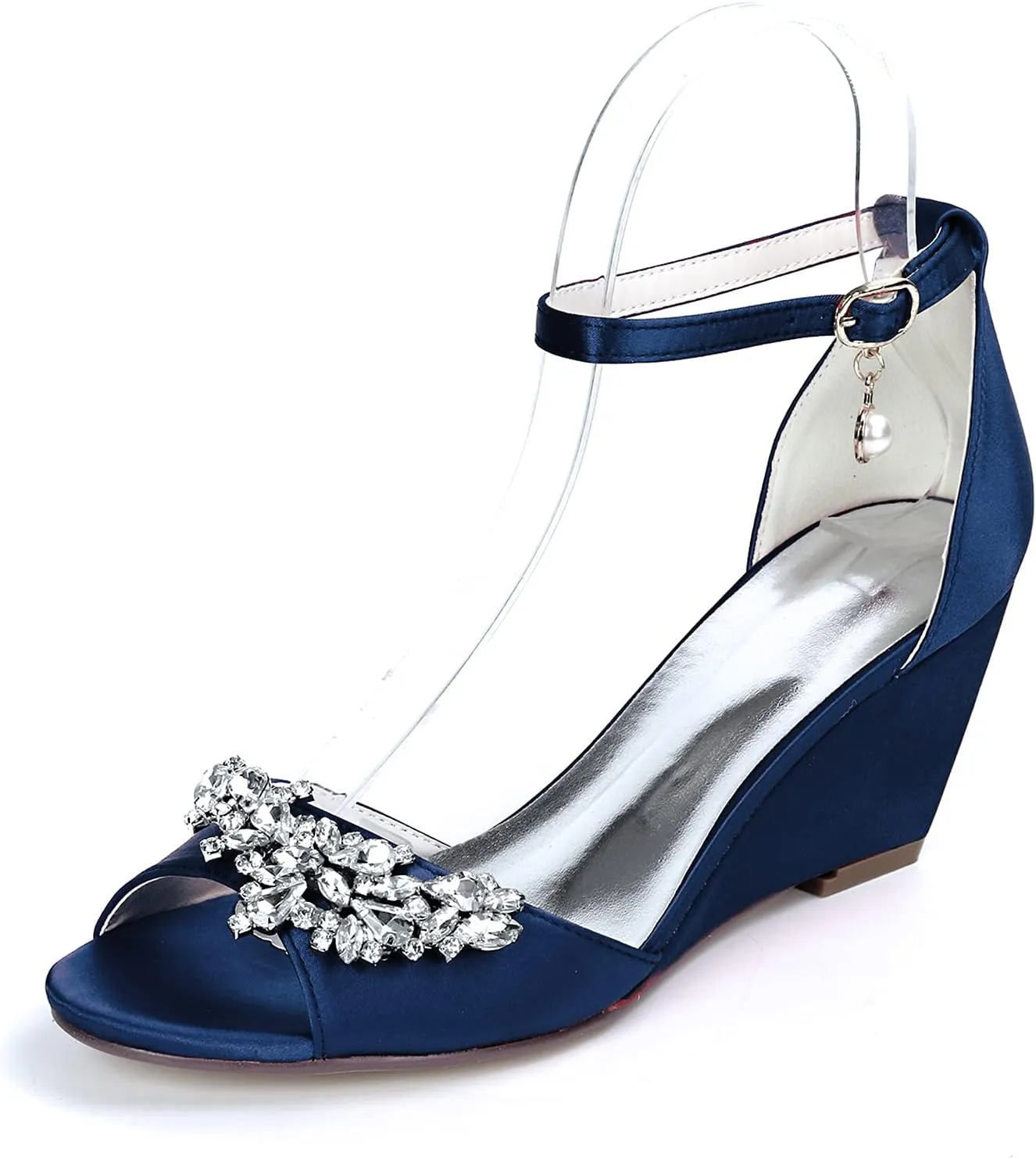 Womens Ladies Wedge Sandals Elegant Rhinestone Satin Ankle Strap High Heels Evening Party Bridal Wedding Prom Pumps