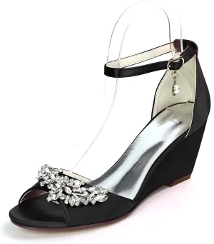 Womens Ladies Wedge Sandals Elegant Rhinestone Satin Ankle Strap High Heels Evening Party Bridal Wedding Prom Pumps